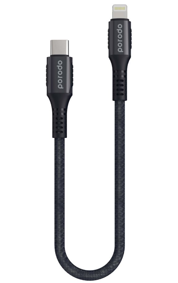 Porodo Braided & Aluminum Type-C to Lightning PD Cable 3A, Fast Charging Cord,  Data Cable Compatible For iPhone 12 Pro Max, 12/12 Pro, iPhone 11 Pro, 11 Pro Max - Black