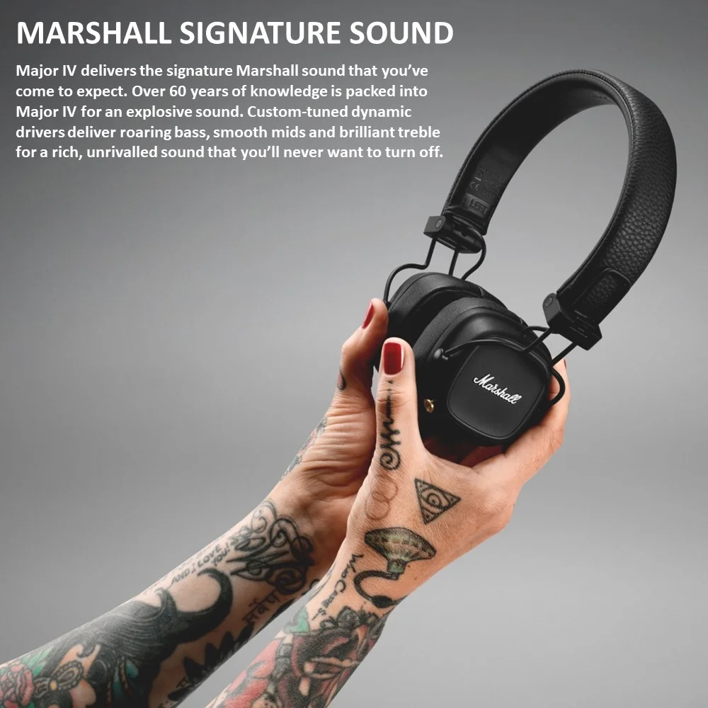 Marshall Major IV On-Ear Wireless Headphones, Foldable Design, 80 Hours of Wireless Play Time, Bluetooth Multipoint Connectivity, Fast & Wireless Charging, Bluetooth Version 5.0, 3 Hours Charging Time, 10 m Bluetooth Range - Black