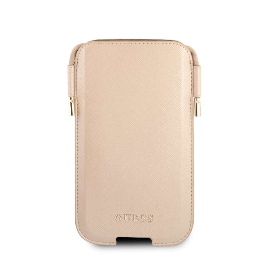 CG MOBILE Guess Saffiano Classic Crossbody Pouch Case with Cord for iPhone 12 / 12 Pro ( 6.1" ) Anti-Fall Necklace, Adjustable Neck Cord Lanyard Strap Officially Licensed Gold