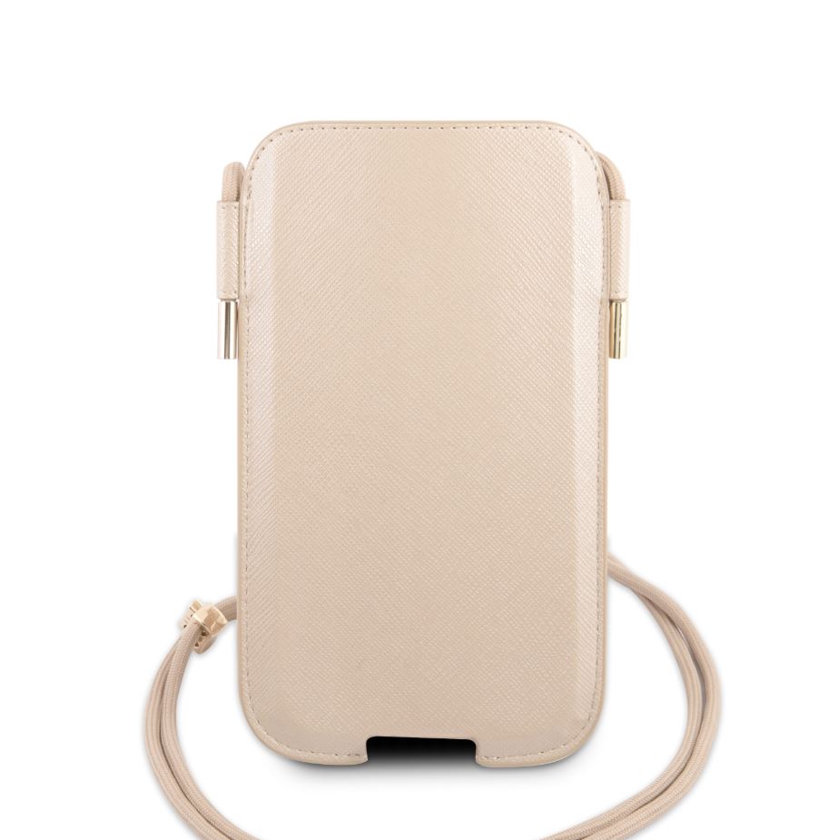 CG MOBILE Guess Saffiano Classic Crossbody Pouch Case with Cord for iPhone 12 / 12 Pro ( 6.1" ) Anti-Fall Necklace, Adjustable Neck Cord Lanyard Strap Officially Licensed Gold