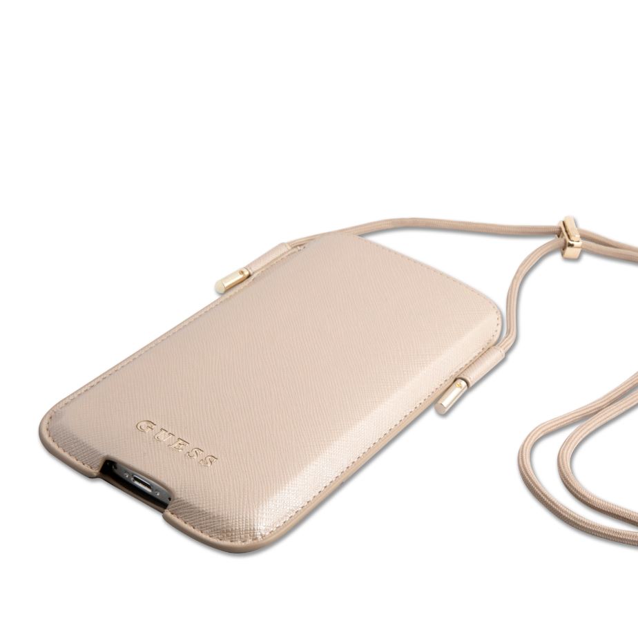 CG MOBILE Guess Saffiano Classic Crossbody Pouch Case with Cord for iPhone 12 / 12 Pro ( 6.1" ) Anti-Fall Necklace, Adjustable Neck Cord Lanyard Strap Officially Licensed Gold