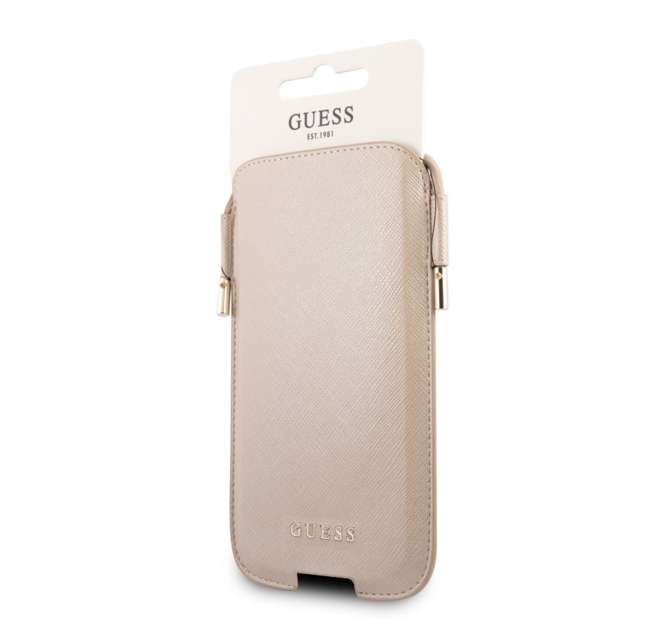 CG MOBILE Guess Saffiano Classic Crossbody Pouch Case with Cord for iPhone 12 / 12 Pro ( 6.1" ) Anti-Fall Necklace, Adjustable Neck Cord Lanyard Strap Officially Licensed Gold
