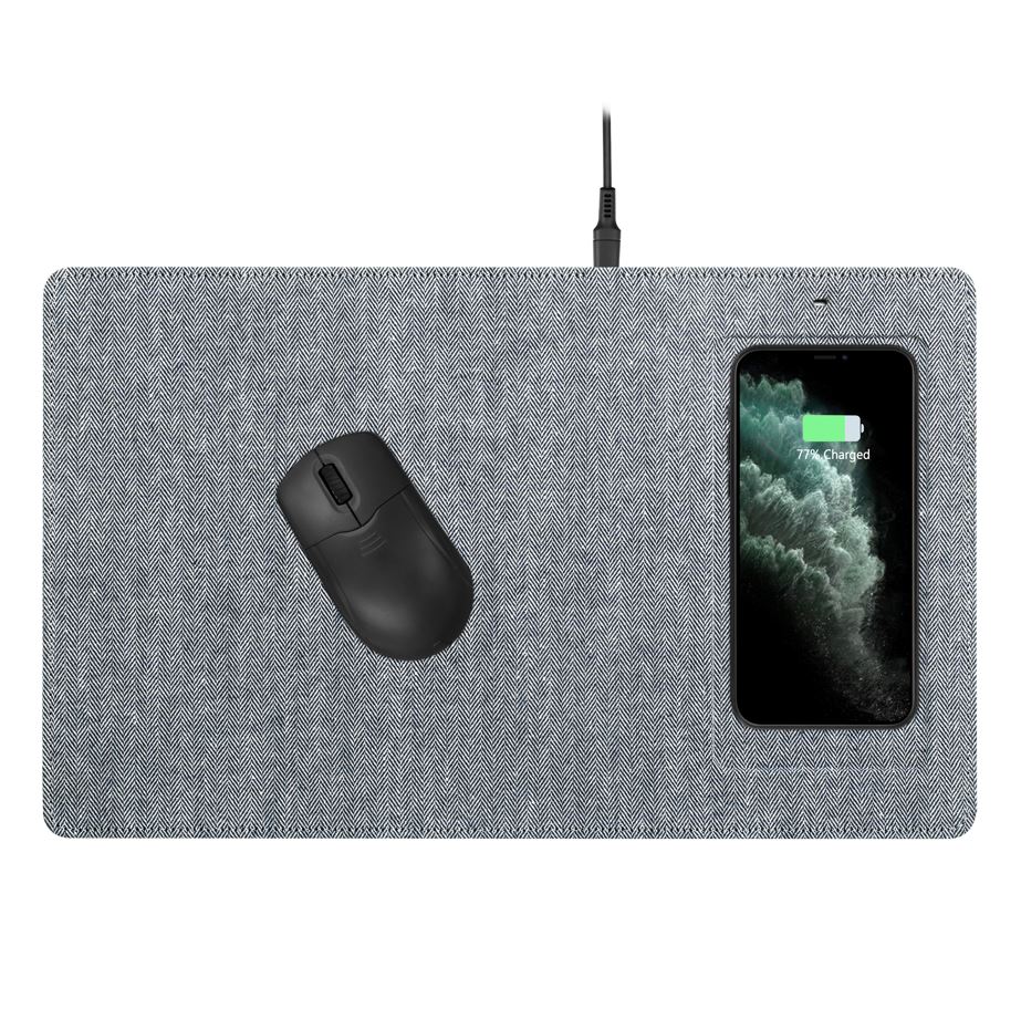 Powerology Fabric Qi Wireless Charging Mouse Pad 10W, Case-Friendly, Fast Wireless Charging Mouse Mat Compatible for 12/12 Pro/12 Pro Max/11/11 Pro/11 Pro Max, Samsung Galaxy S10/S9/S8/Note 10 - Gray Herringbone