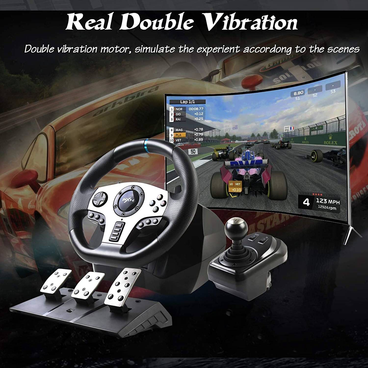 عجلة سباق الألعاب PXN V9 مع دواسات ومحول، وعجلة قيادة للكمبيوتر الشخصي، وXbox One، وXbox Series X/S، وPS4، وPS3، و محول Nintendo 