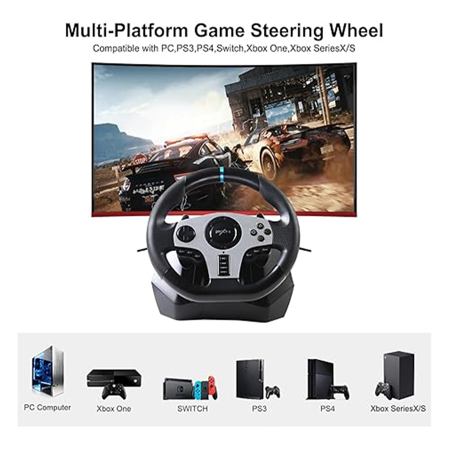 عجلة سباق الألعاب PXN V9 مع دواسات ومحول، وعجلة قيادة للكمبيوتر الشخصي، وXbox One، وXbox Series X/S، وPS4، وPS3، و محول Nintendo 